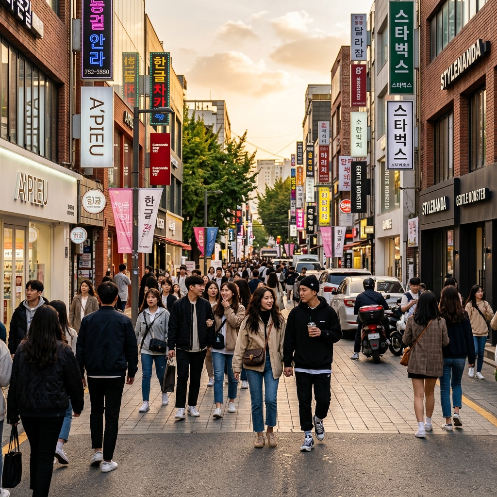 Trendy Seoul street at golden hour